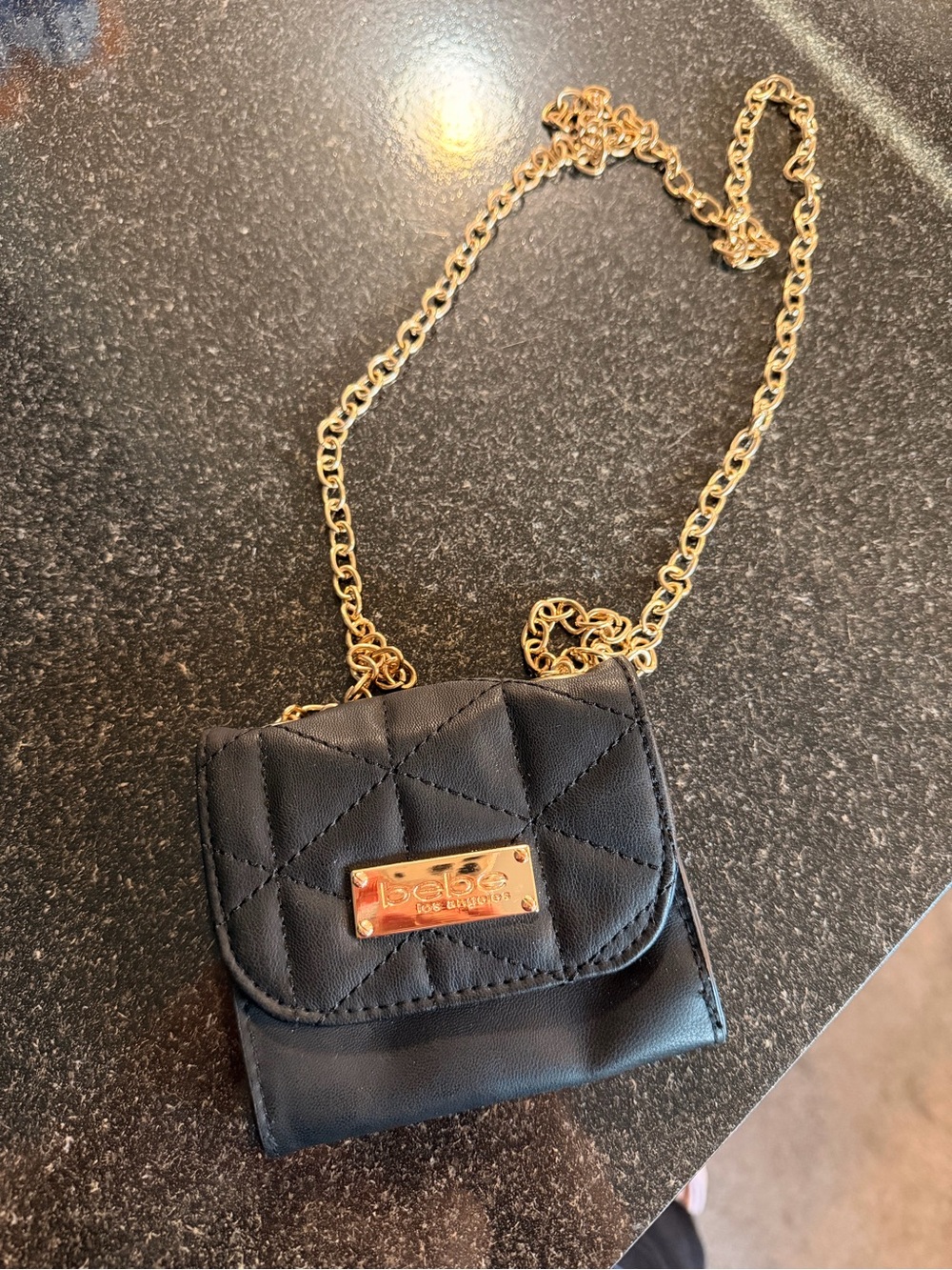 bebe Black Quilted Mini Crossbody with Gold Chain
